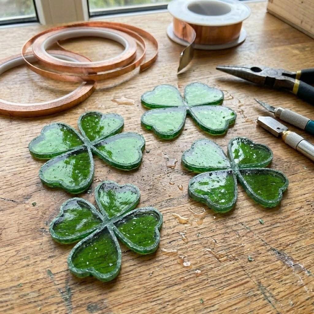 Handmade stained glass four leaf clover plant sculpture standing on wooden base, green shamrock lucky gift for desk decor, st patricks day gift.