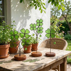 Handmade stained glass four leaf clover plant sculpture standing on wooden base, green shamrock lucky gift for desk decor, st patricks day gift.