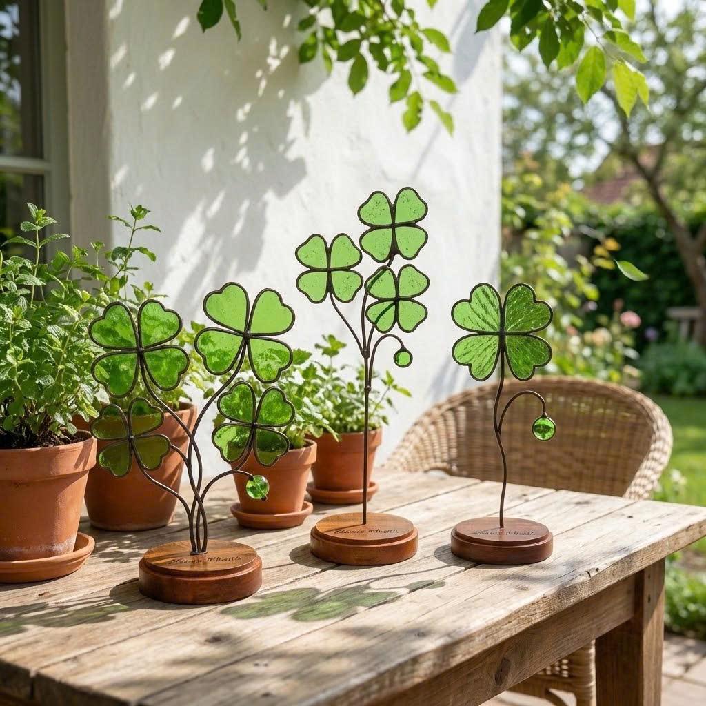Handmade stained glass four leaf clover plant sculpture standing on wooden base, green shamrock lucky gift for desk decor, st patricks day gift.