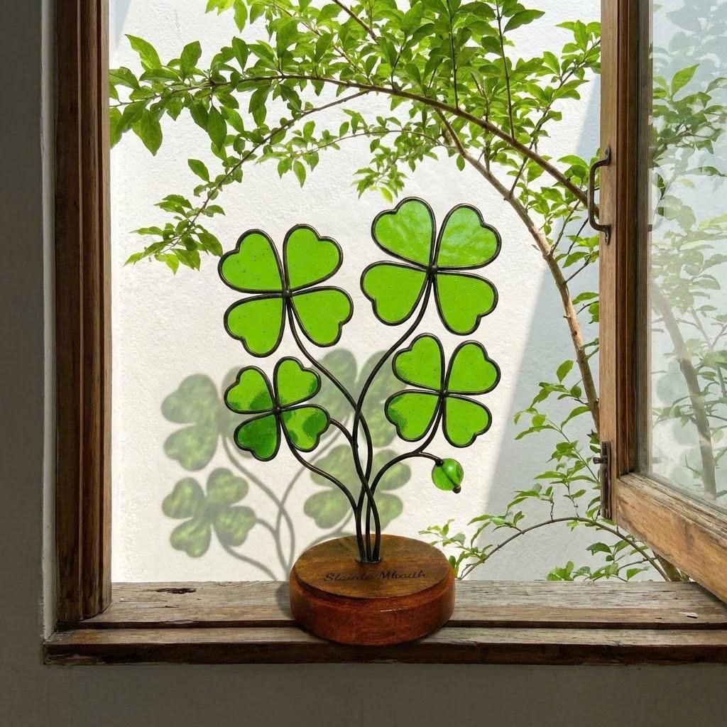 Handmade stained glass four leaf clover plant sculpture standing on wooden base, green shamrock lucky gift for desk decor, st patricks day gift.