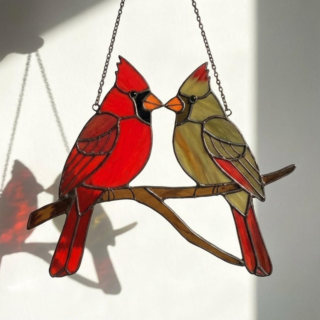 Stained glass Northern Cardinal red bird suncatcher hanging on window, handmade memorial sympathy gift for loss of loved one, Christmas holiday home decor by LuzyGlassArt.