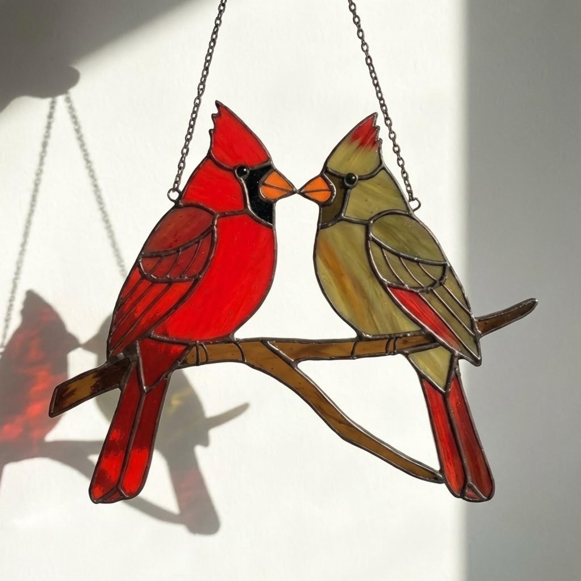 Stained glass Northern Cardinal red bird suncatcher hanging on window, handmade memorial sympathy gift for loss of loved one, Christmas holiday home decor by LuzyGlassArt.