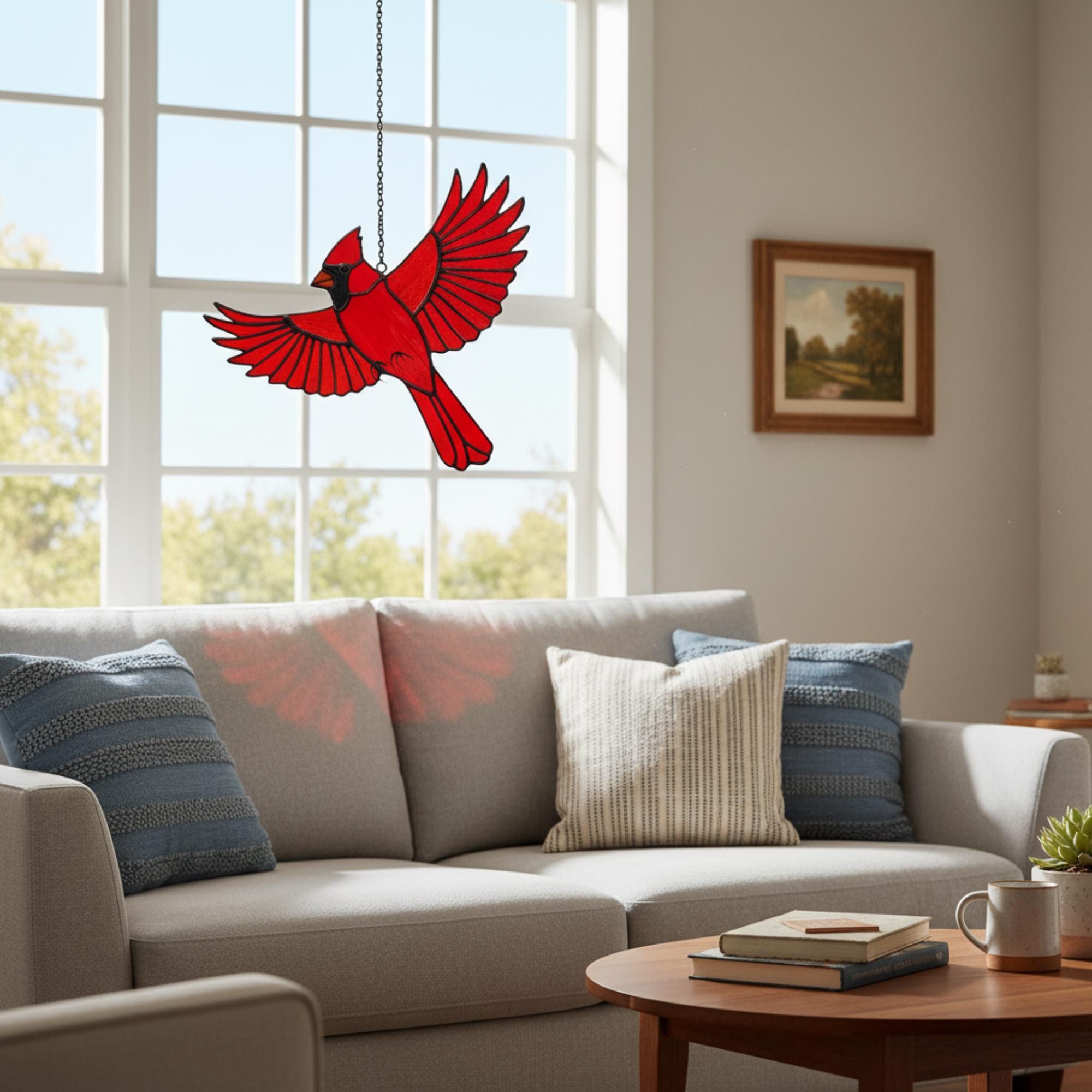 Stained glass Northern Cardinal red bird suncatcher hanging on window, handmade memorial sympathy gift for loss of loved one, Christmas holiday home decor by LuzyGlassArt.