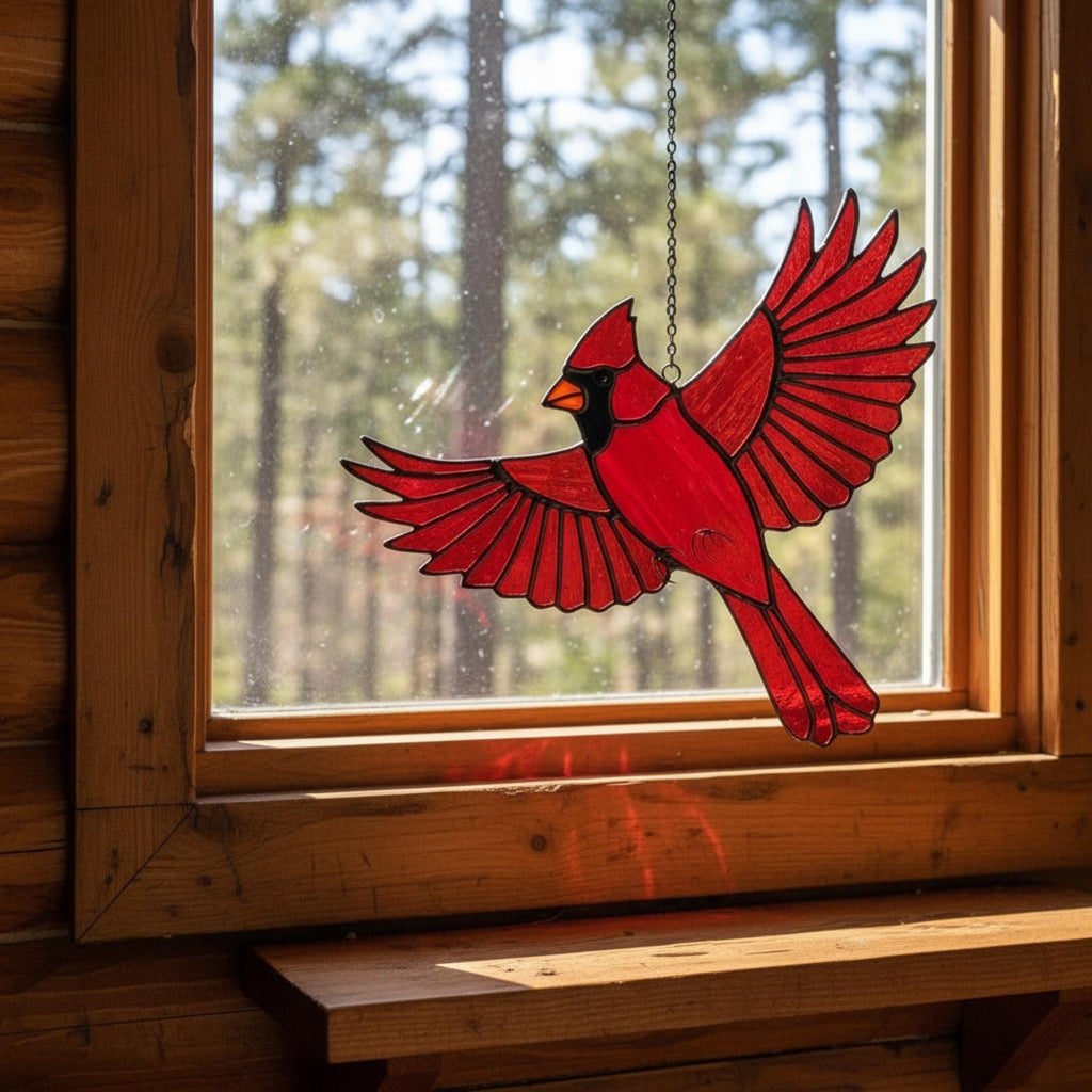 Stained glass Northern Cardinal red bird suncatcher hanging on window, handmade memorial sympathy gift for loss of loved one, Christmas holiday home decor by LuzyGlassArt.