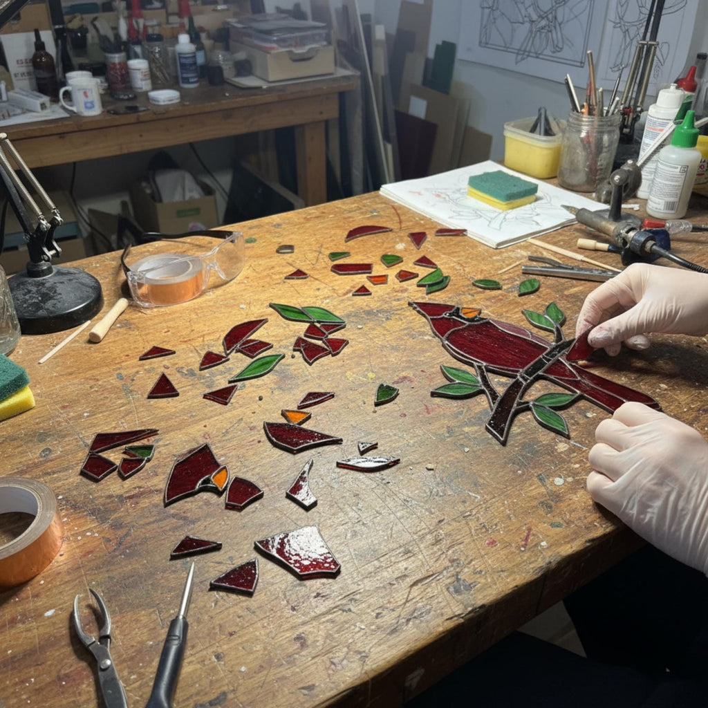 Stained glass Northern Cardinal red bird suncatcher hanging on window, handmade memorial sympathy gift for loss of loved one, Christmas holiday home decor by LuzyGlassArt.