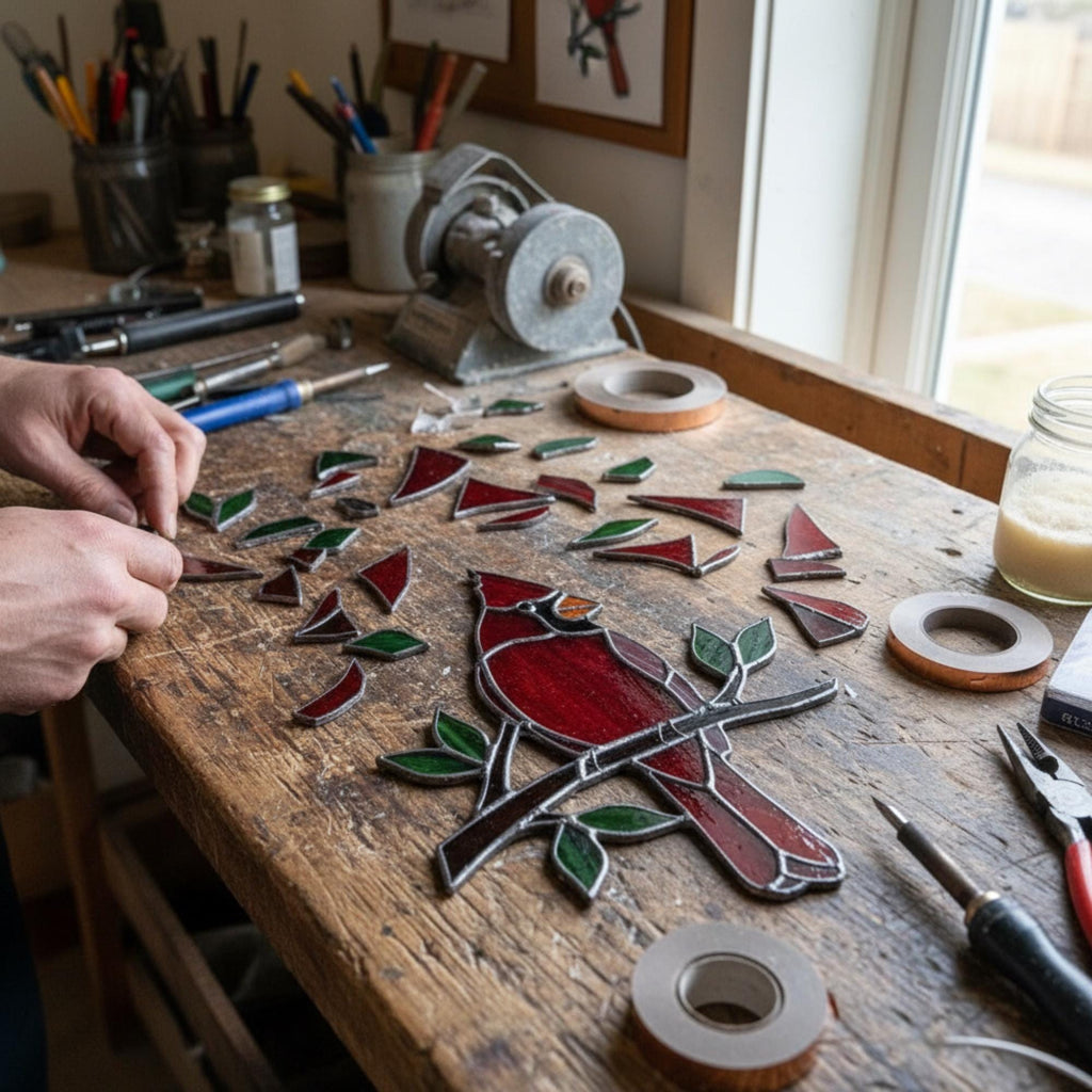 Stained glass Northern Cardinal red bird suncatcher hanging on window, handmade memorial sympathy gift for loss of loved one, Christmas holiday home decor by LuzyGlassArt.