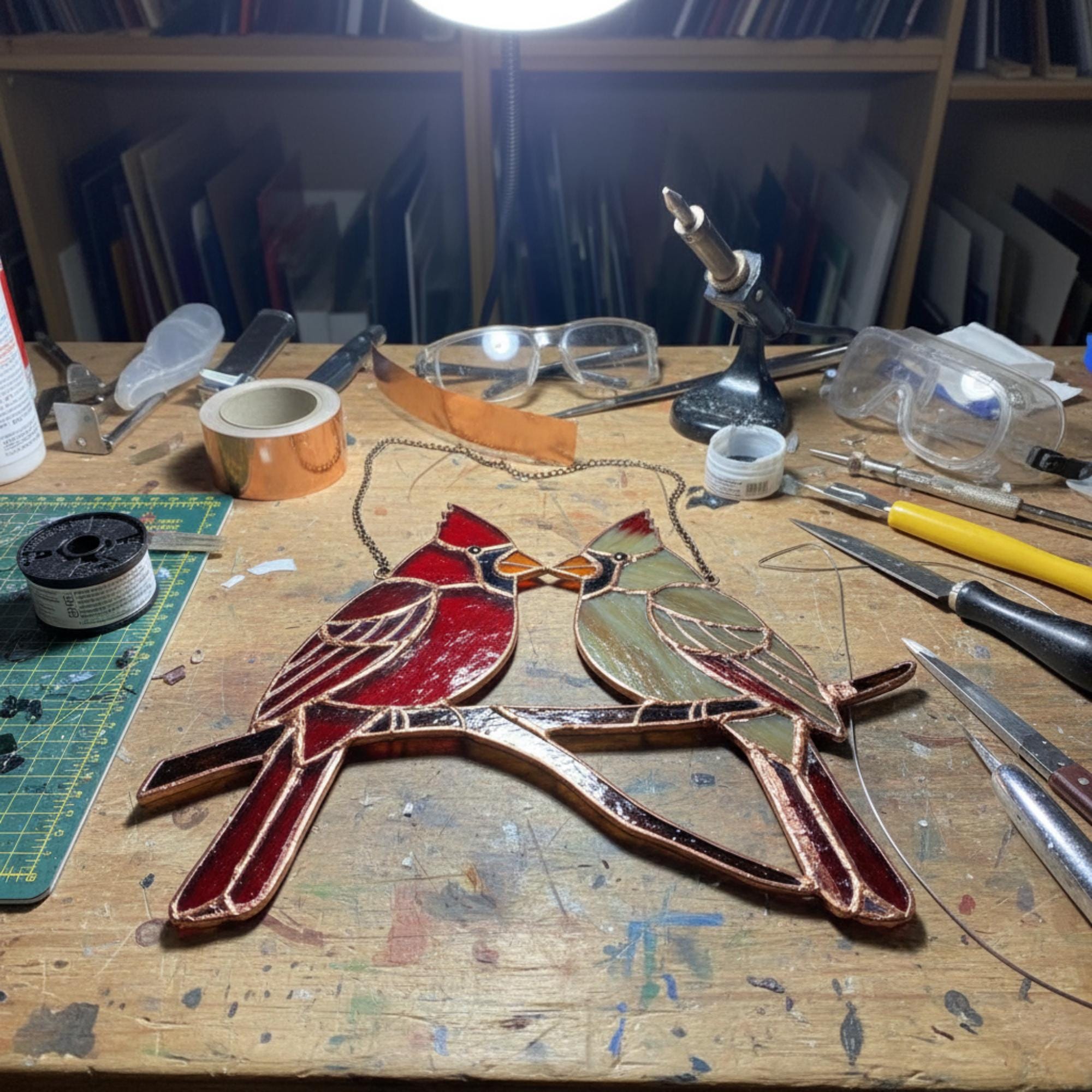 Stained glass Northern Cardinal red bird suncatcher hanging on window, handmade memorial sympathy gift for loss of loved one, Christmas holiday home decor by LuzyGlassArt.
