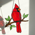 Stained glass Northern Cardinal red bird suncatcher hanging on window, handmade memorial sympathy gift for loss of loved one, Christmas holiday home decor by LuzyGlassArt.