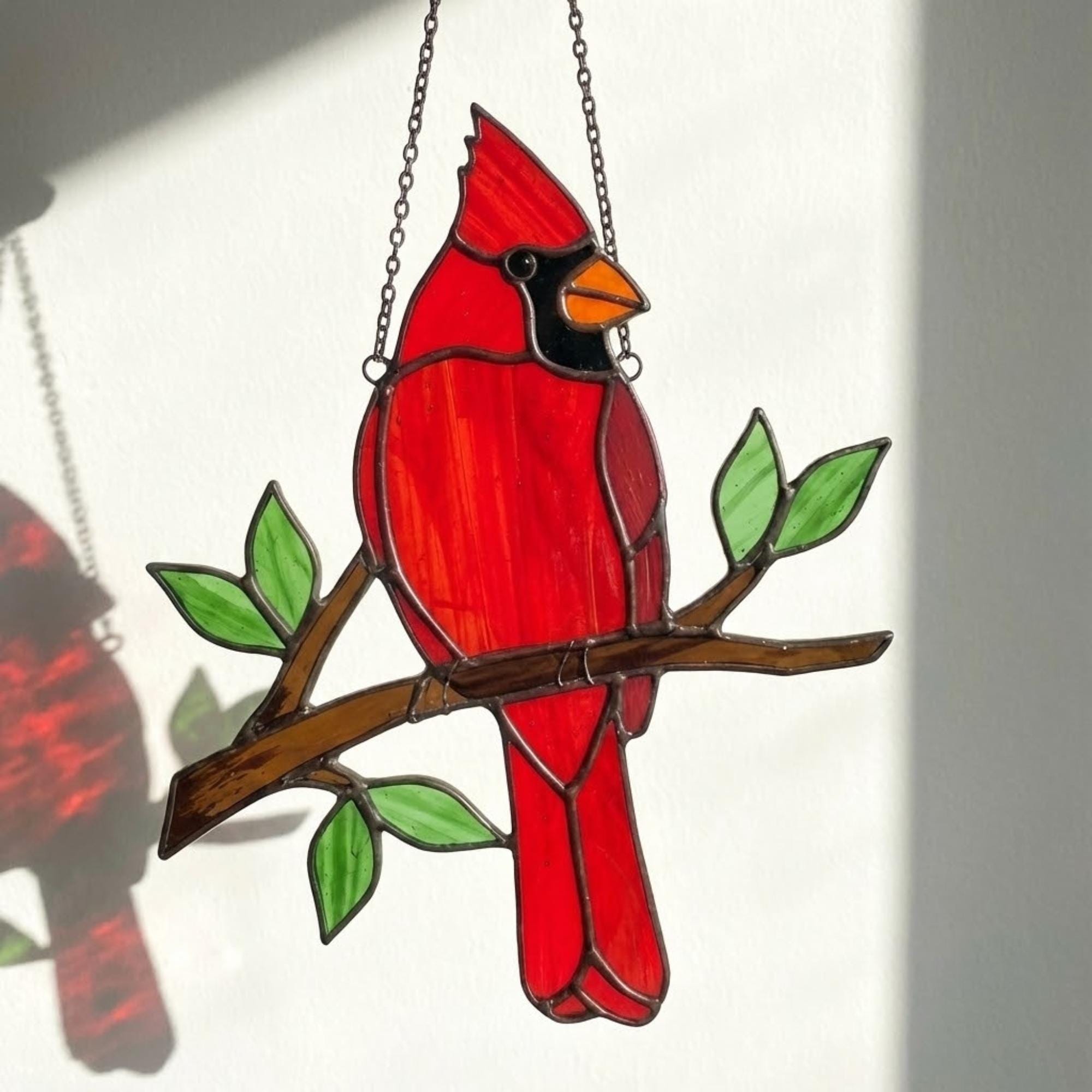 Stained glass Northern Cardinal red bird suncatcher hanging on window, handmade memorial sympathy gift for loss of loved one, Christmas holiday home decor by LuzyGlassArt.