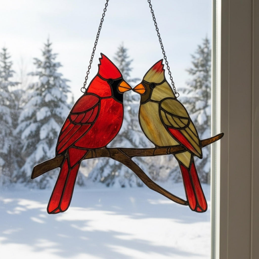 Stained glass Northern Cardinal red bird suncatcher hanging on window, handmade memorial sympathy gift for loss of loved one, Christmas holiday home decor by LuzyGlassArt.
