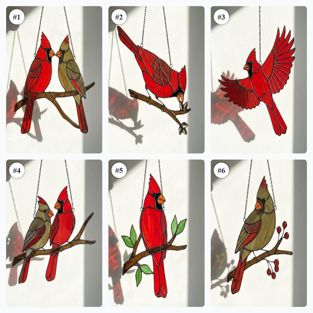 Stained glass Northern Cardinal red bird suncatcher hanging on window, handmade memorial sympathy gift for loss of loved one, Christmas holiday home decor by LuzyGlassArt.