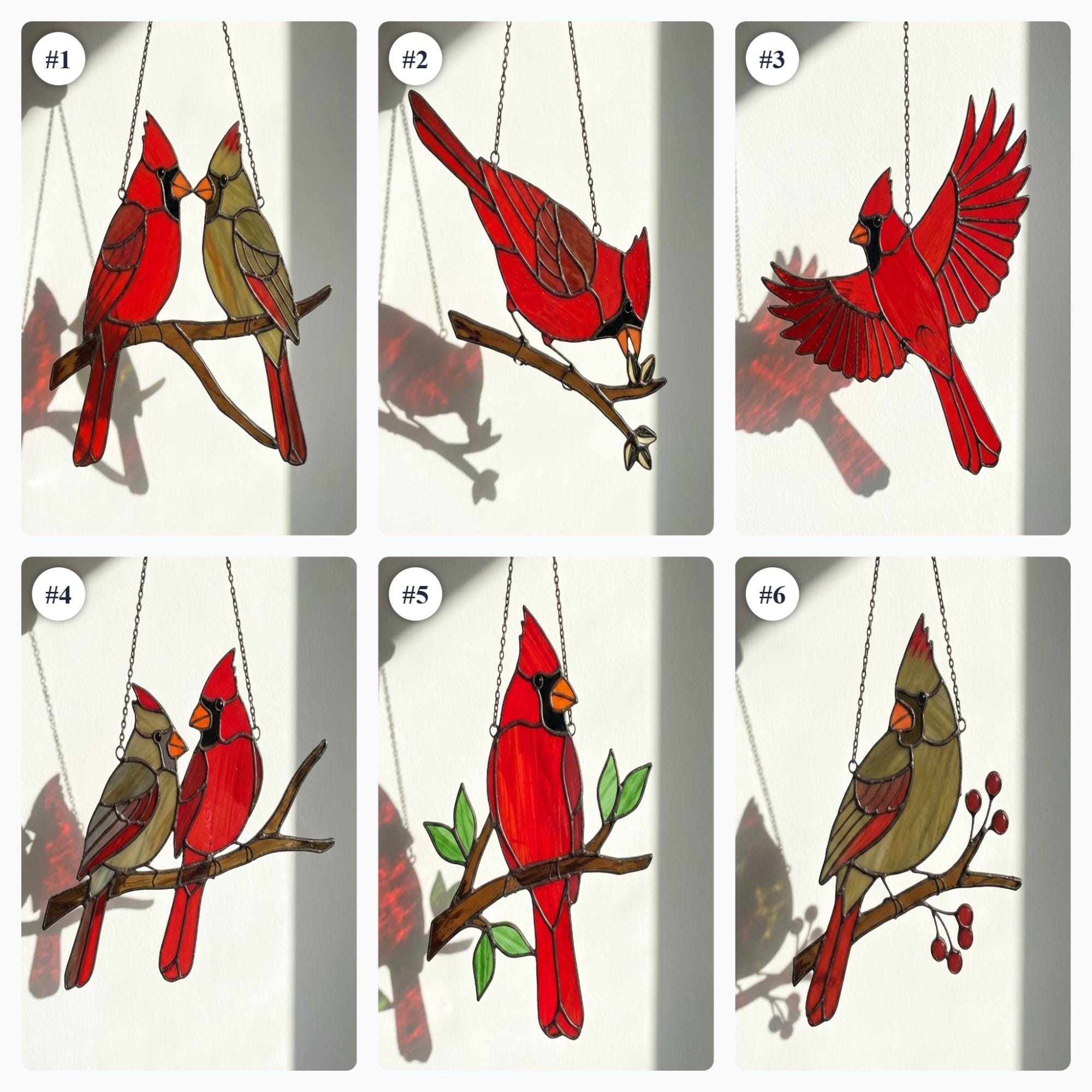 Stained glass Northern Cardinal red bird suncatcher hanging on window, handmade memorial sympathy gift for loss of loved one, Christmas holiday home decor by LuzyGlassArt.