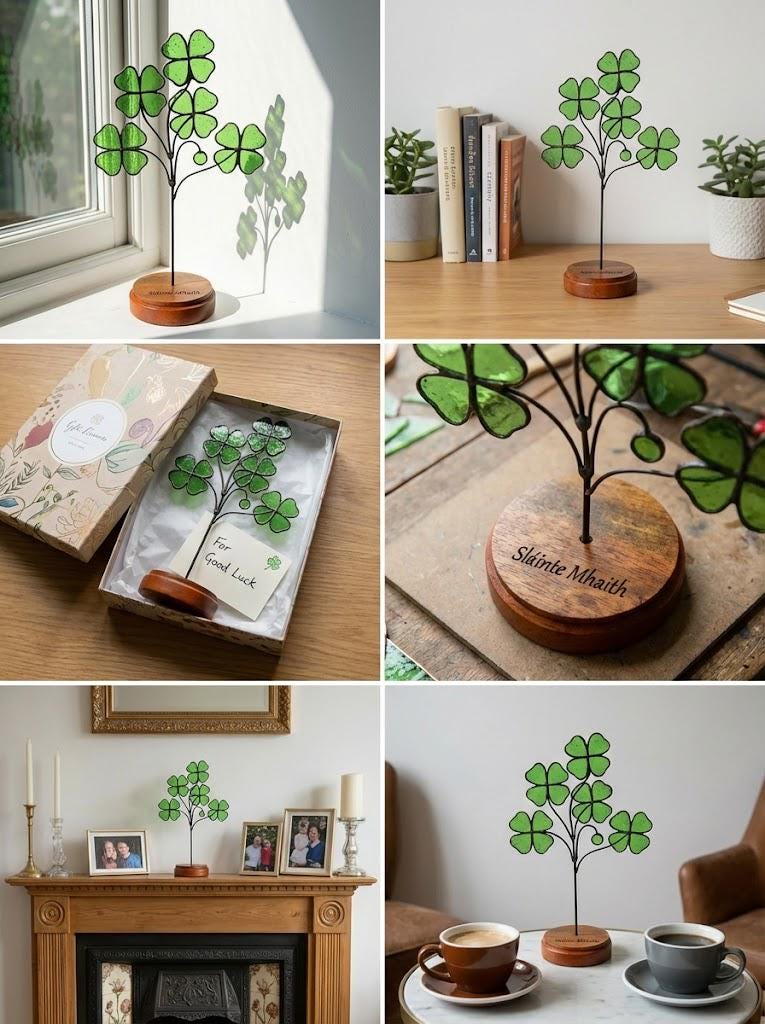 Handmade stained glass four leaf clover sculpture standing on solid wood base, green shamrock lucky gift for desk decor, feng shui plant stake.