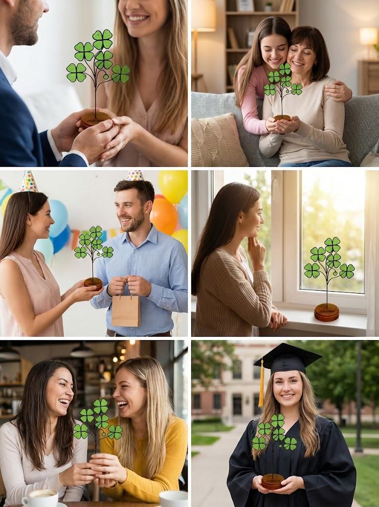 Handmade stained glass four leaf clover sculpture standing on solid wood base, green shamrock lucky gift for desk decor, feng shui plant stake.