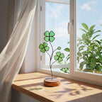 Handmade stained glass four leaf clover sculpture standing on solid wood base, green shamrock lucky gift for desk decor, feng shui plant stake.