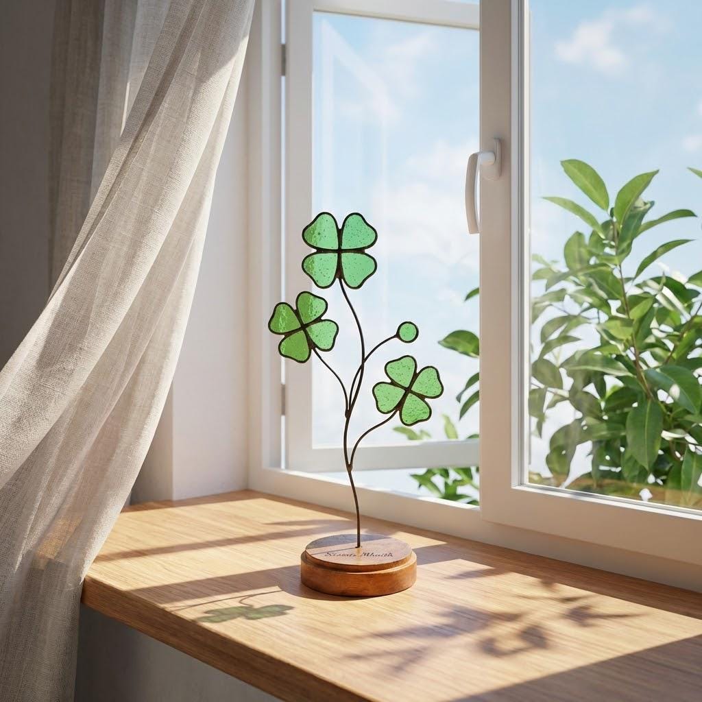 Handmade stained glass four leaf clover sculpture standing on solid wood base, green shamrock lucky gift for desk decor, feng shui plant stake.
