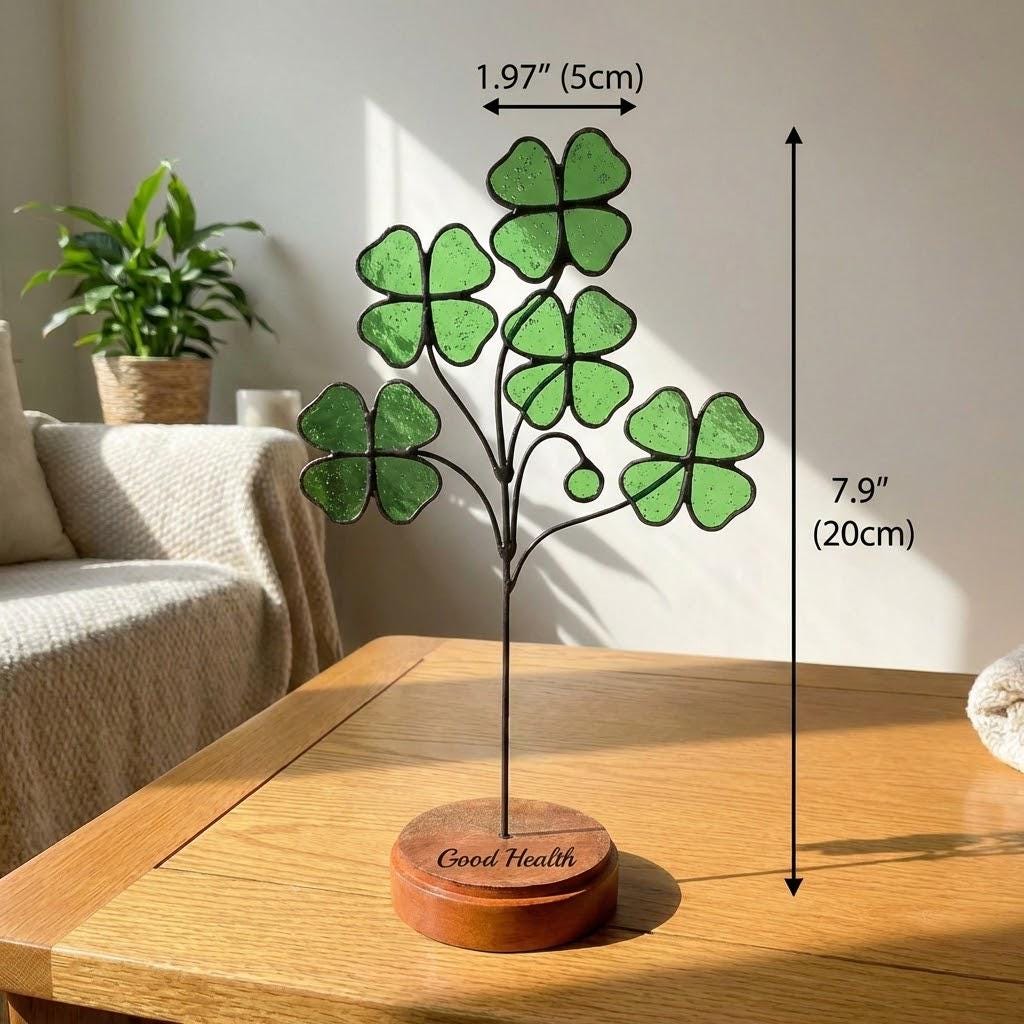 Handmade stained glass four leaf clover sculpture standing on solid wood base, green shamrock lucky gift for desk decor, feng shui plant stake.