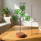 Handmade stained glass four leaf clover sculpture standing on solid wood base, green shamrock lucky gift for desk decor, feng shui plant stake.