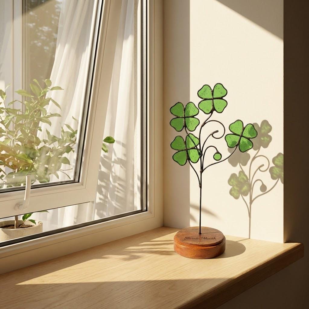 Handmade stained glass four leaf clover sculpture standing on solid wood base, green shamrock lucky gift for desk decor, feng shui plant stake.