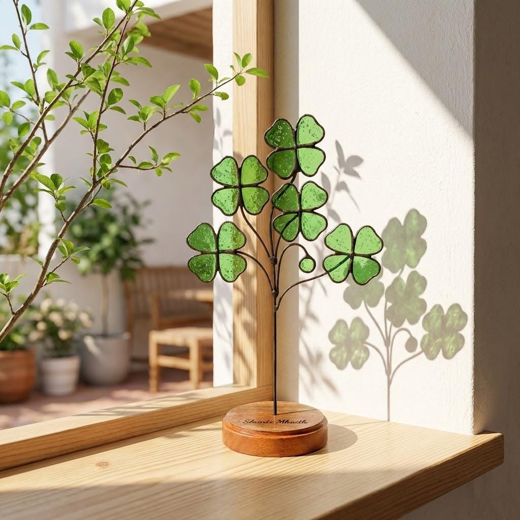 Handmade stained glass four leaf clover sculpture standing on solid wood base, green shamrock lucky gift for desk decor, feng shui plant stake.