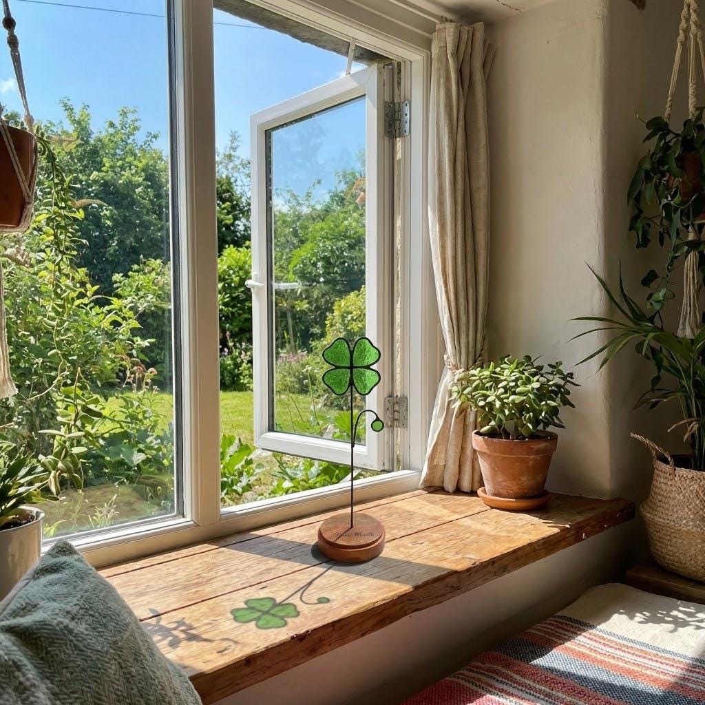 Handmade stained glass four leaf clover sculpture standing on solid wood base, green shamrock lucky gift for desk decor, feng shui plant stake.