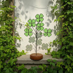Handmade stained glass four leaf clover sculpture standing on solid wood base, green shamrock lucky gift for desk decor, feng shui plant stake.