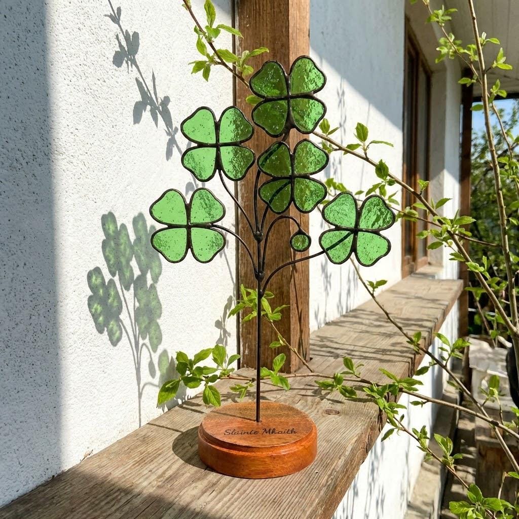 Handmade stained glass four leaf clover sculpture standing on solid wood base, green shamrock lucky gift for desk decor, feng shui plant stake.
