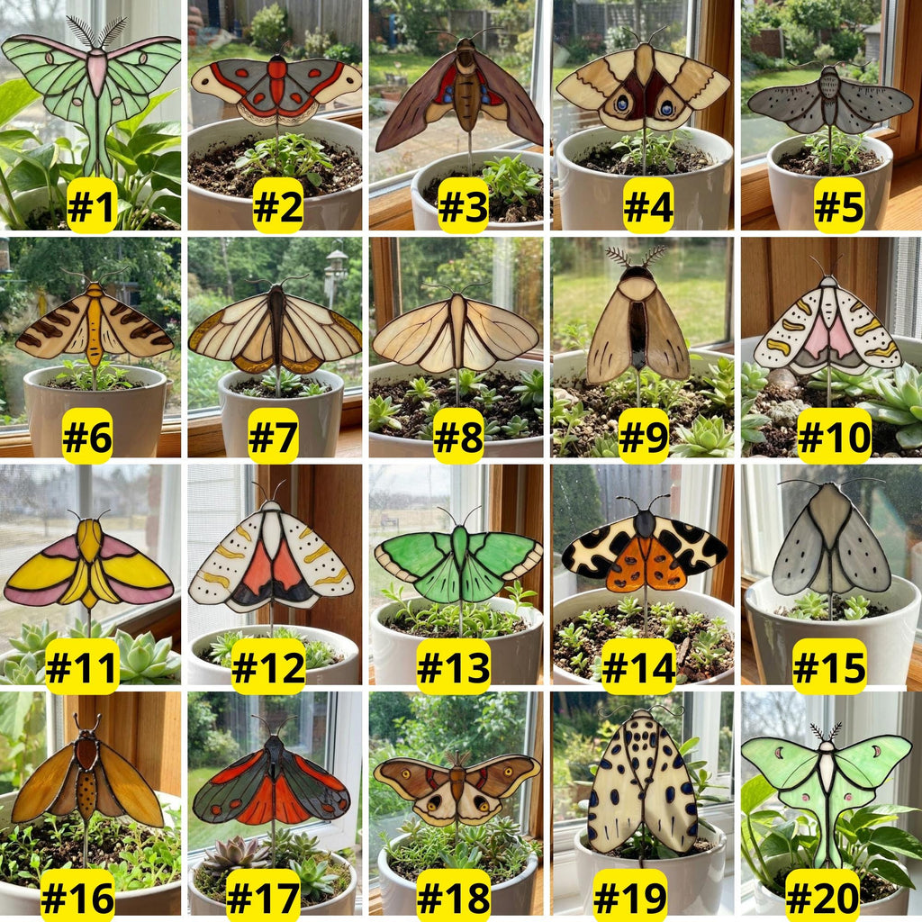 Handmade stained glass moth and butterfly plant stakes for indoor pots, luna moth garden decor, stained glass insects for plant lovers gift.