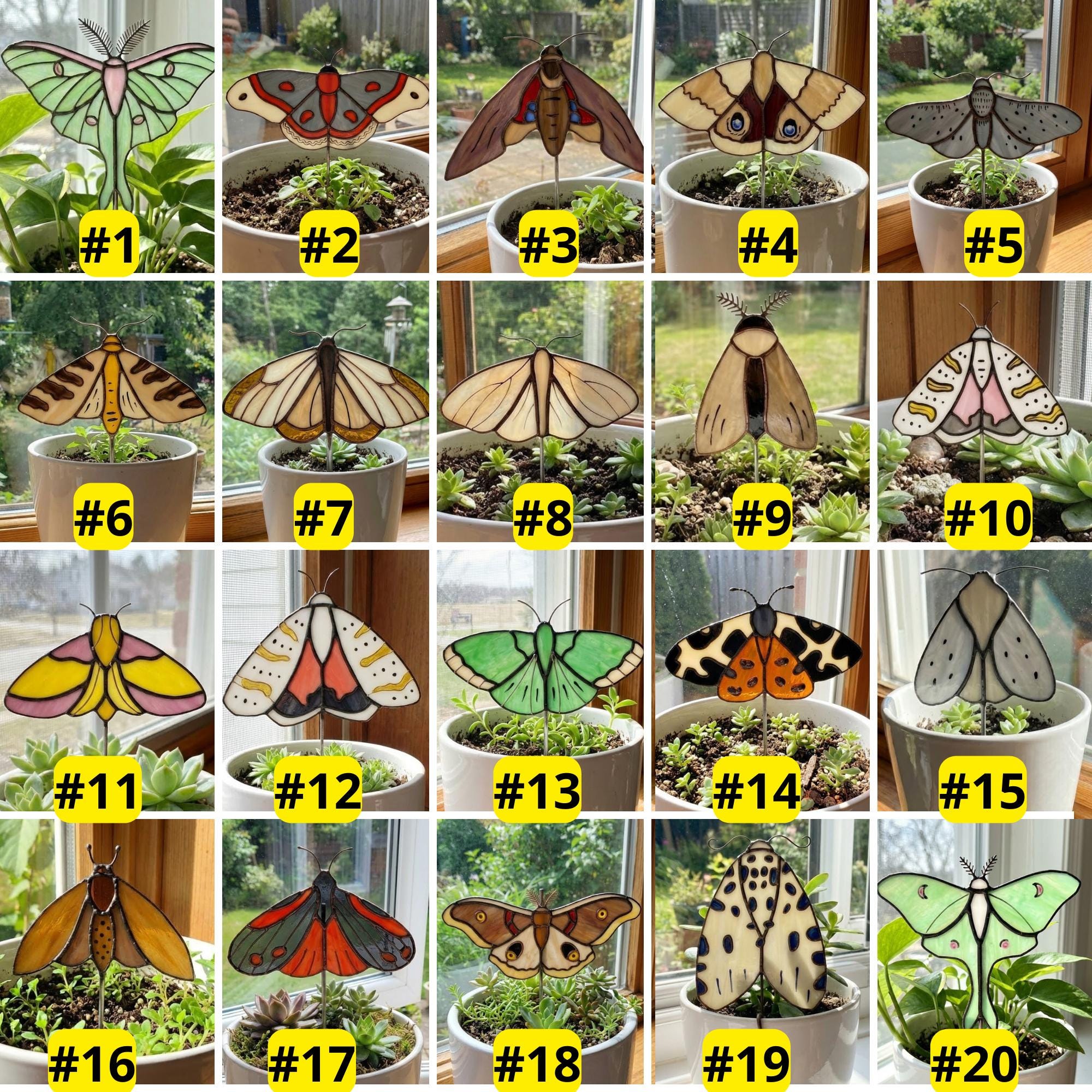 Handmade stained glass moth and butterfly plant stakes for indoor pots, luna moth garden decor, stained glass insects for plant lovers gift.