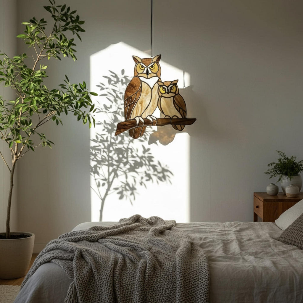 Handmade stained glass owl suncatcher in brown and beige tones, perched on a branch, casting warm amber shadows on a white wall, Tiffany style soldering detail.