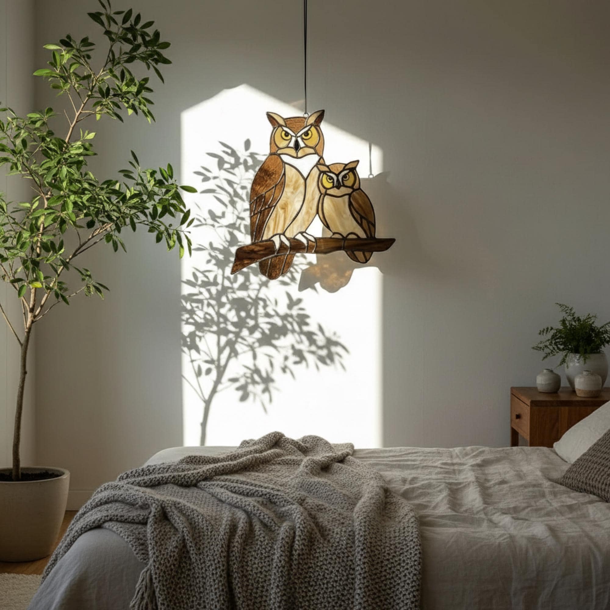 Handmade stained glass owl suncatcher in brown and beige tones, perched on a branch, casting warm amber shadows on a white wall, Tiffany style soldering detail.