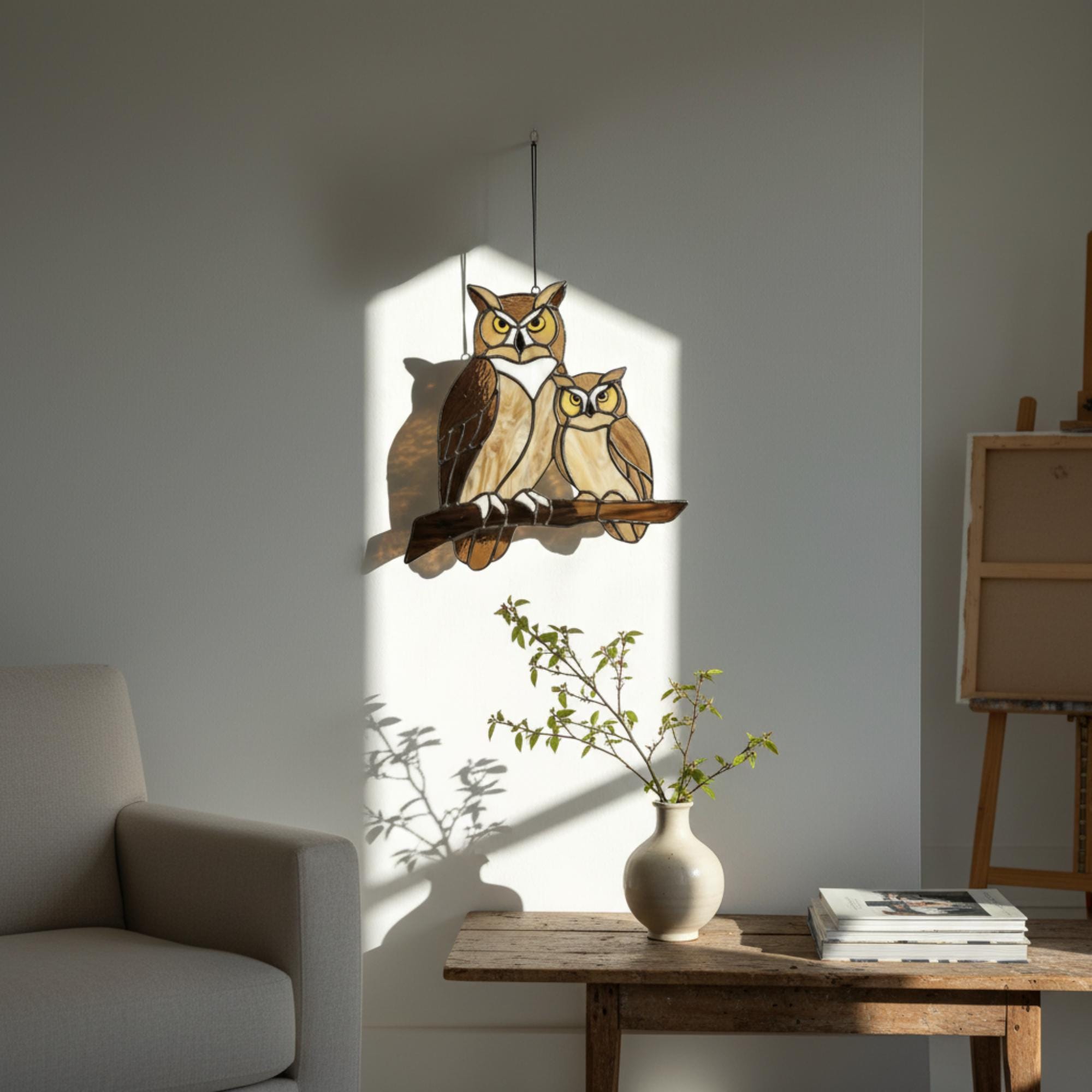 Handmade stained glass owl suncatcher in brown and beige tones, perched on a branch, casting warm amber shadows on a white wall, Tiffany style soldering detail.