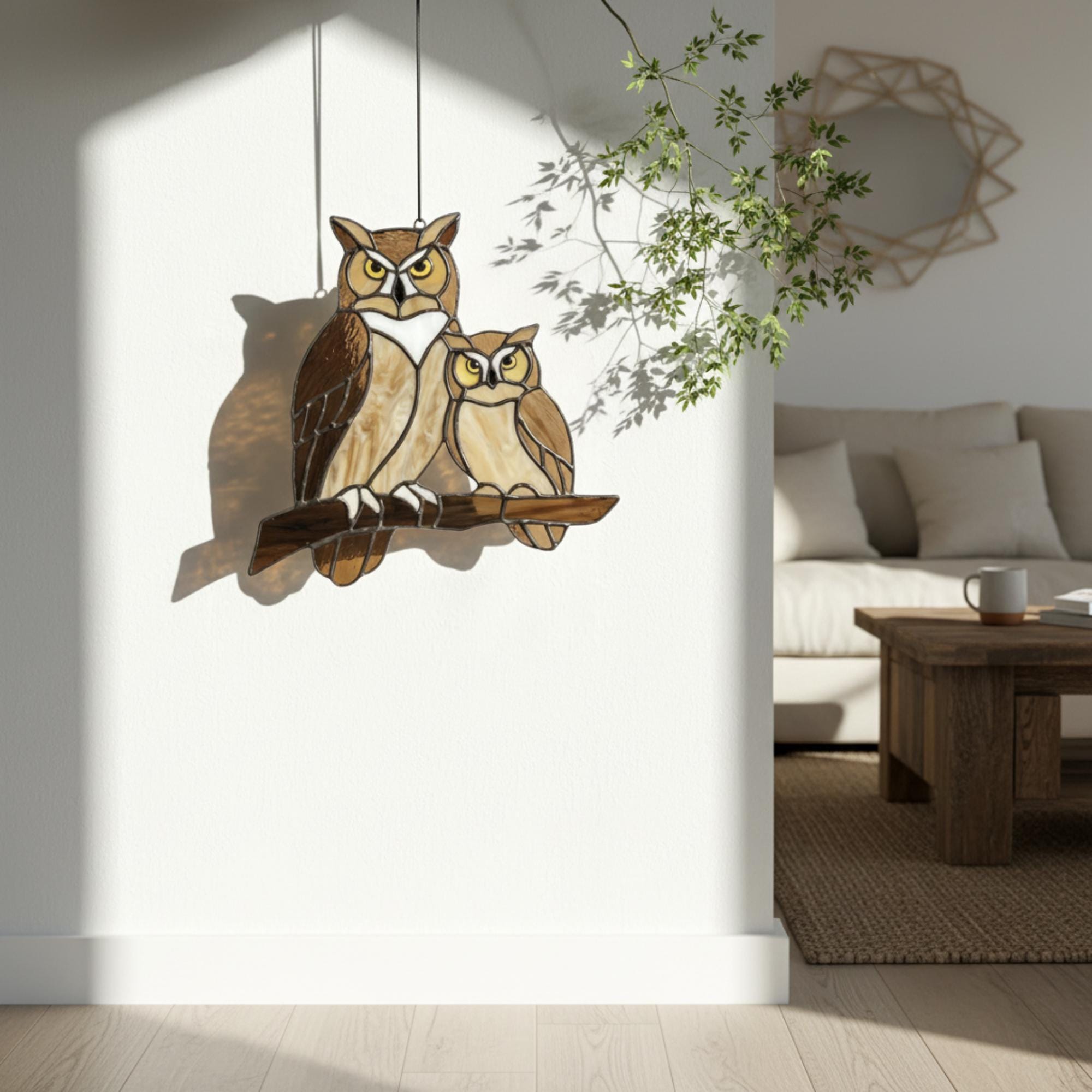 Handmade stained glass owl suncatcher in brown and beige tones, perched on a branch, casting warm amber shadows on a white wall, Tiffany style soldering detail.