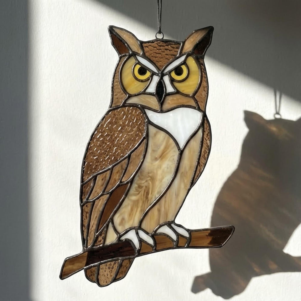 Handmade stained glass owl suncatcher in brown and beige tones, perched on a branch, casting warm amber shadows on a white wall, Tiffany style soldering detail.