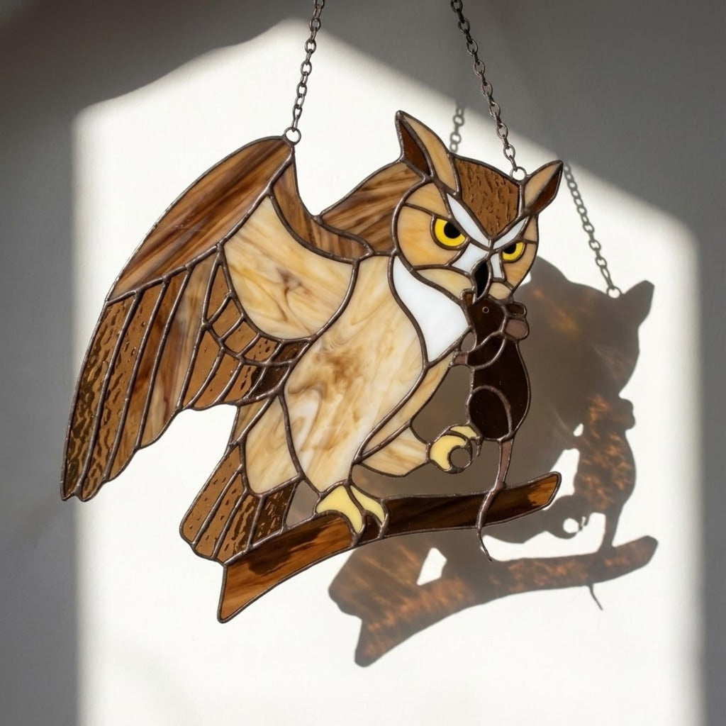 Handmade stained glass owl suncatcher in brown and beige tones, perched on a branch, casting warm amber shadows on a white wall, Tiffany style soldering detail.
