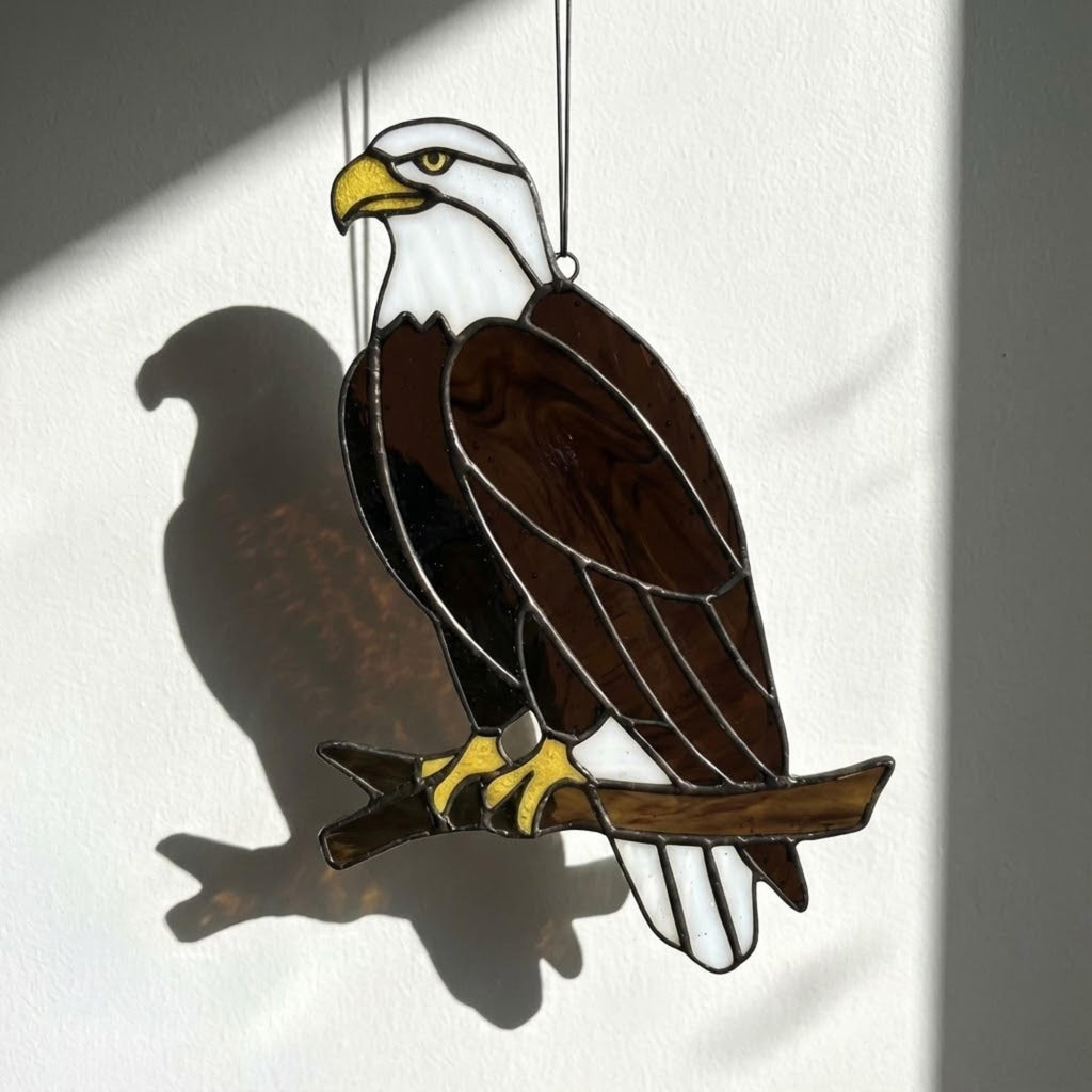 Handmade stained glass bald eagle suncatcher, realistic bird window hanging with brown and white glass, patriotic gift for dad or veteran, creating colored shadows.