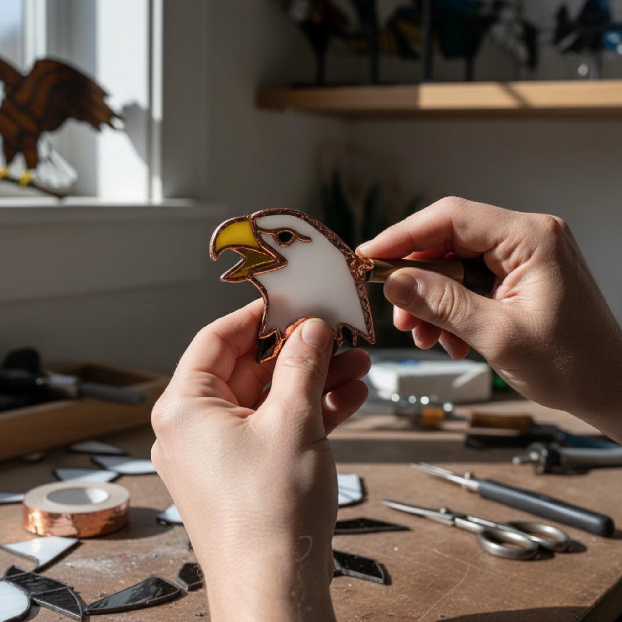 Handmade stained glass bald eagle suncatcher, realistic bird window hanging with brown and white glass, patriotic gift for dad or veteran, creating colored shadows.