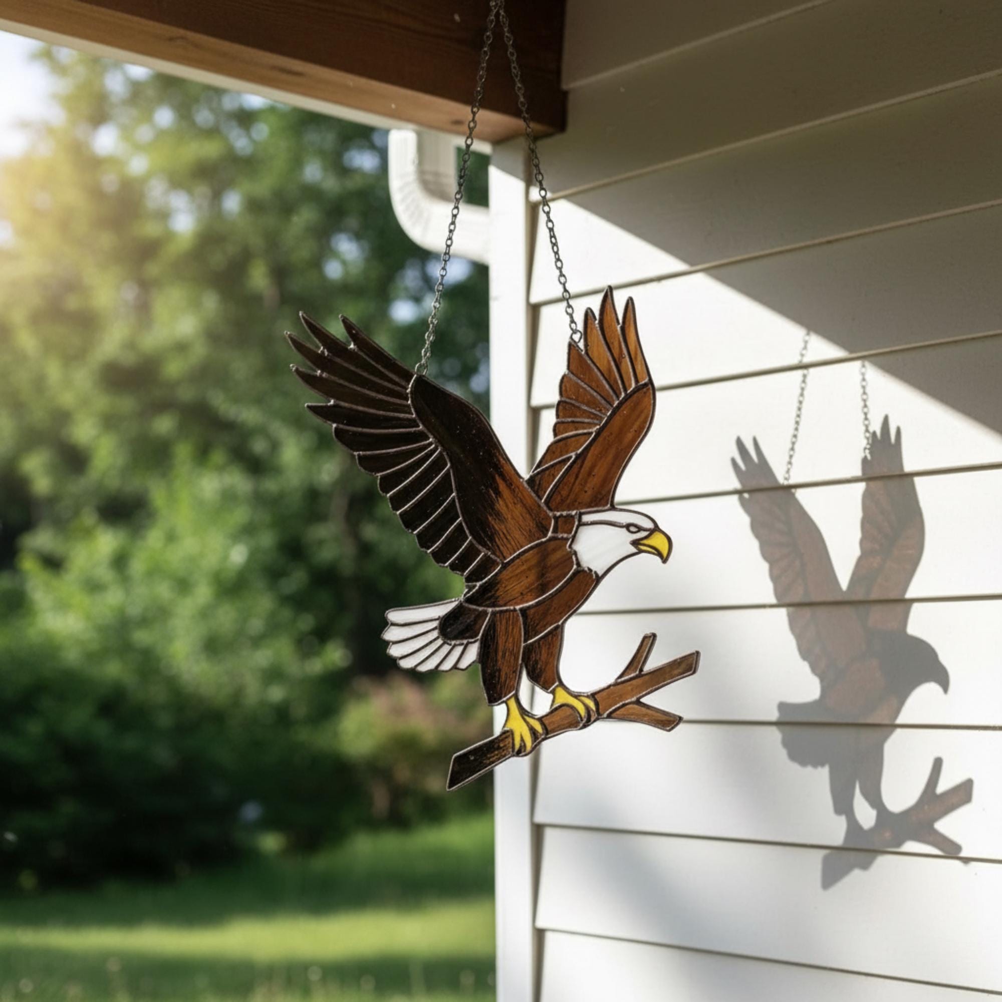 Handmade stained glass bald eagle suncatcher, realistic bird window hanging with brown and white glass, patriotic gift for dad or veteran, creating colored shadows.