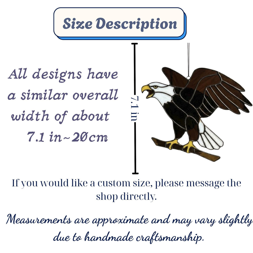Handmade stained glass bald eagle suncatcher, realistic bird window hanging with brown and white glass, patriotic gift for dad or veteran, creating colored shadows.