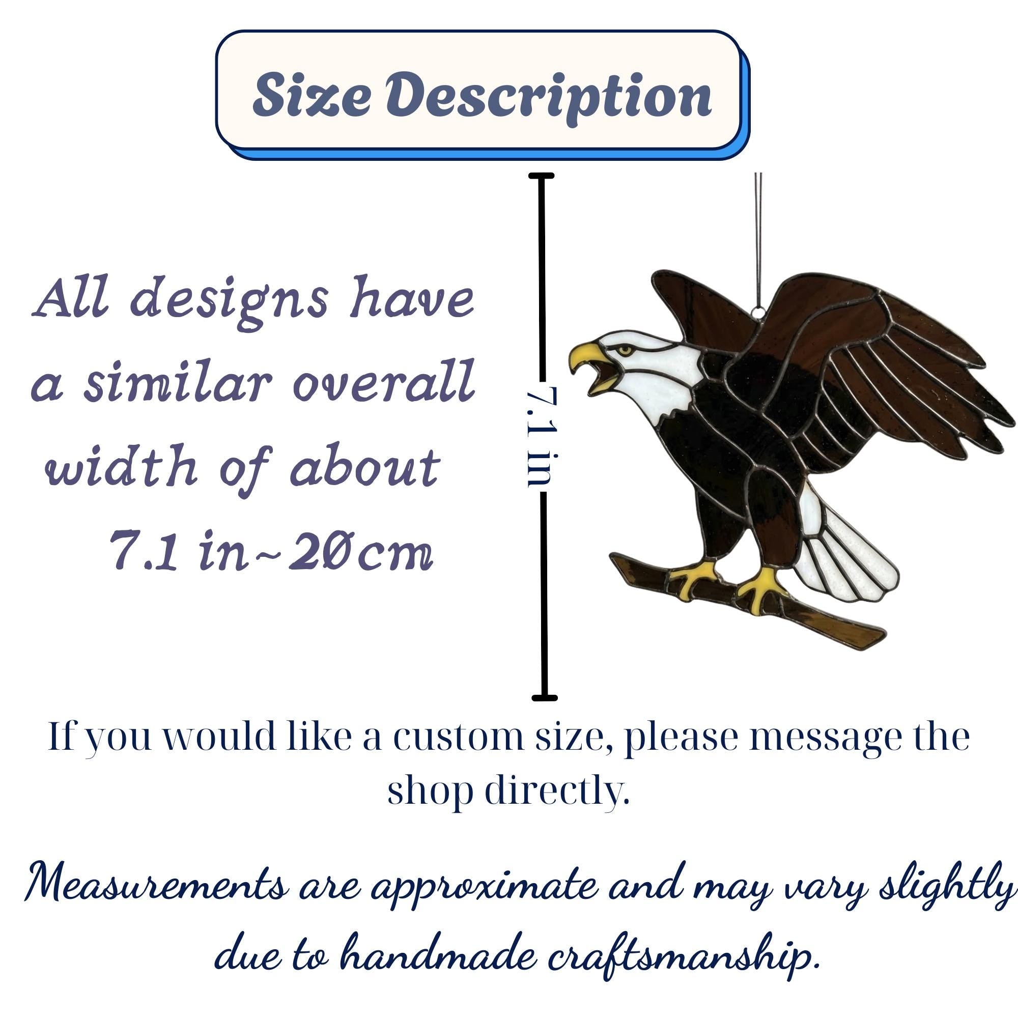Handmade stained glass bald eagle suncatcher, realistic bird window hanging with brown and white glass, patriotic gift for dad or veteran, creating colored shadows.