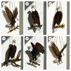 Handmade stained glass bald eagle suncatcher, realistic bird window hanging with brown and white glass, patriotic gift for dad or veteran, creating colored shadows.