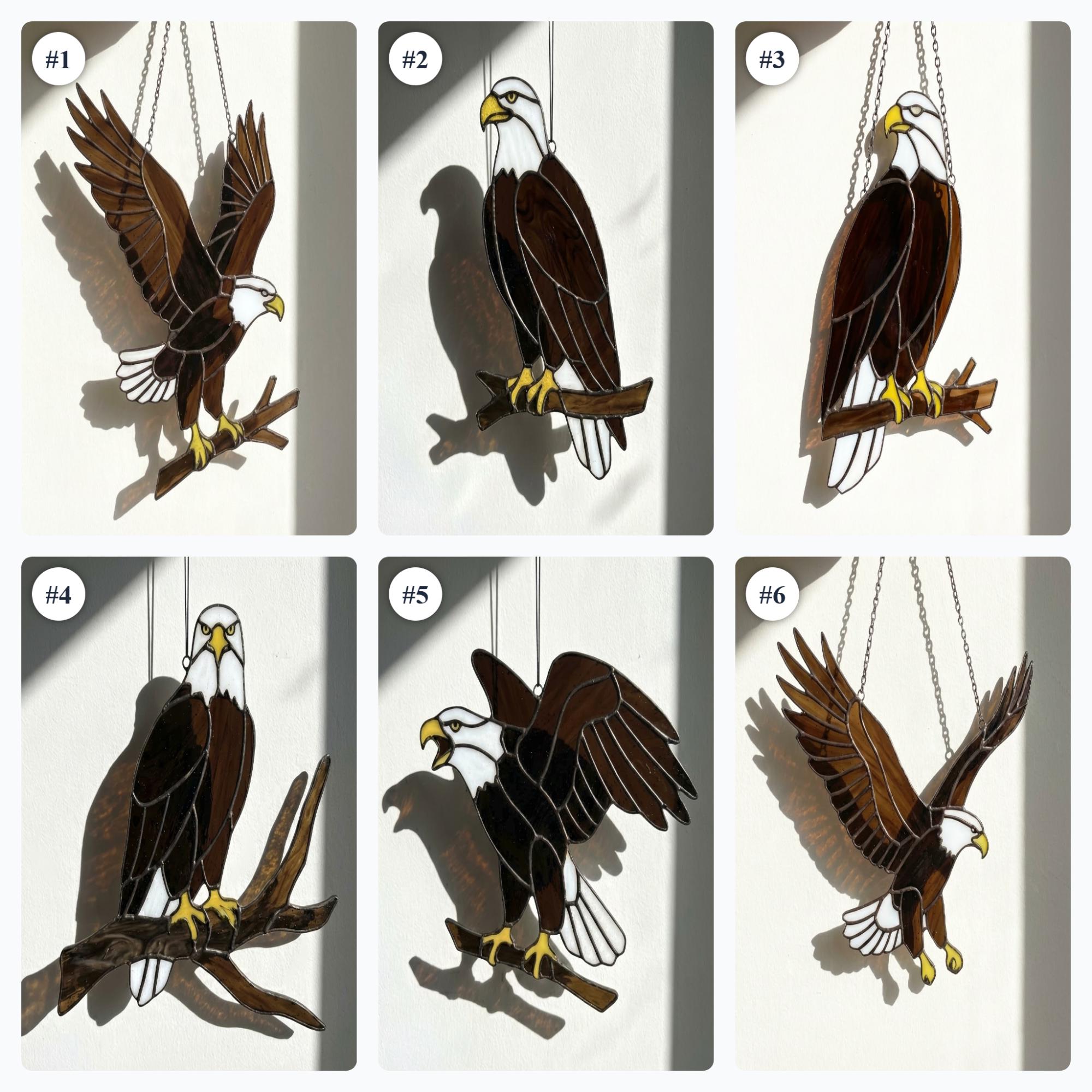 Handmade stained glass bald eagle suncatcher, realistic bird window hanging with brown and white glass, patriotic gift for dad or veteran, creating colored shadows.