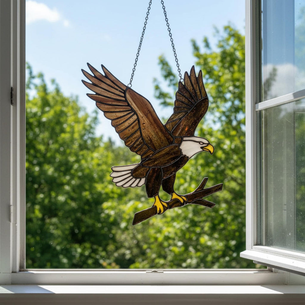 Handmade stained glass bald eagle suncatcher, realistic bird window hanging with brown and white glass, patriotic gift for dad or veteran, creating colored shadows.