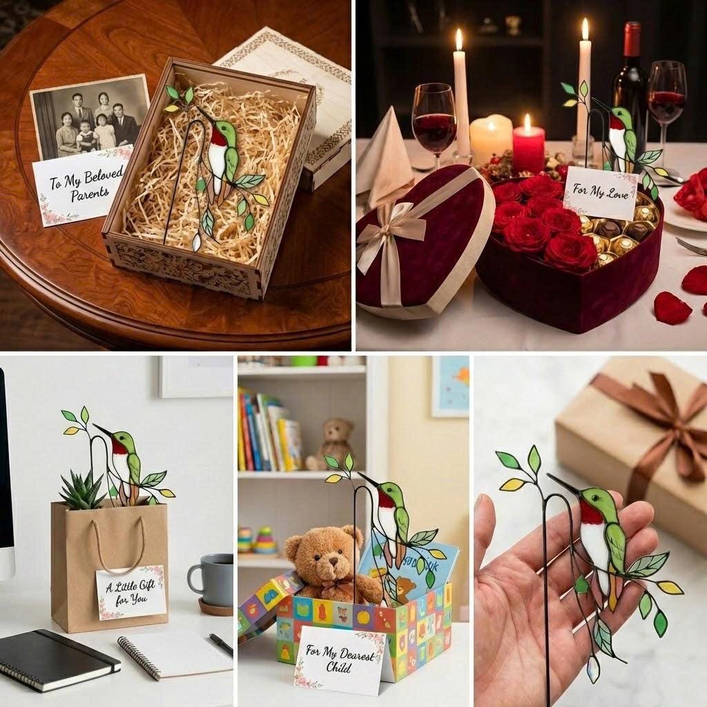 Handmade stained glass plant stakes collection including hummingbird, cardinal, blue jay birds, monarch butterfly, dragonfly, and flowers attached to metal rods for indoor plant pot decoration.