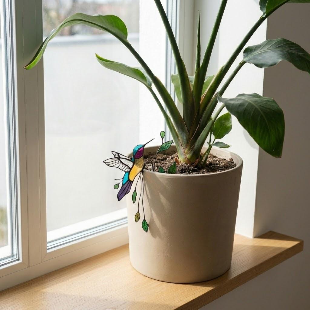 Handmade stained glass snail plant stake with amber shell and green leaves, cute cottagecore garden decor for indoor pots, gift for plant lover.
