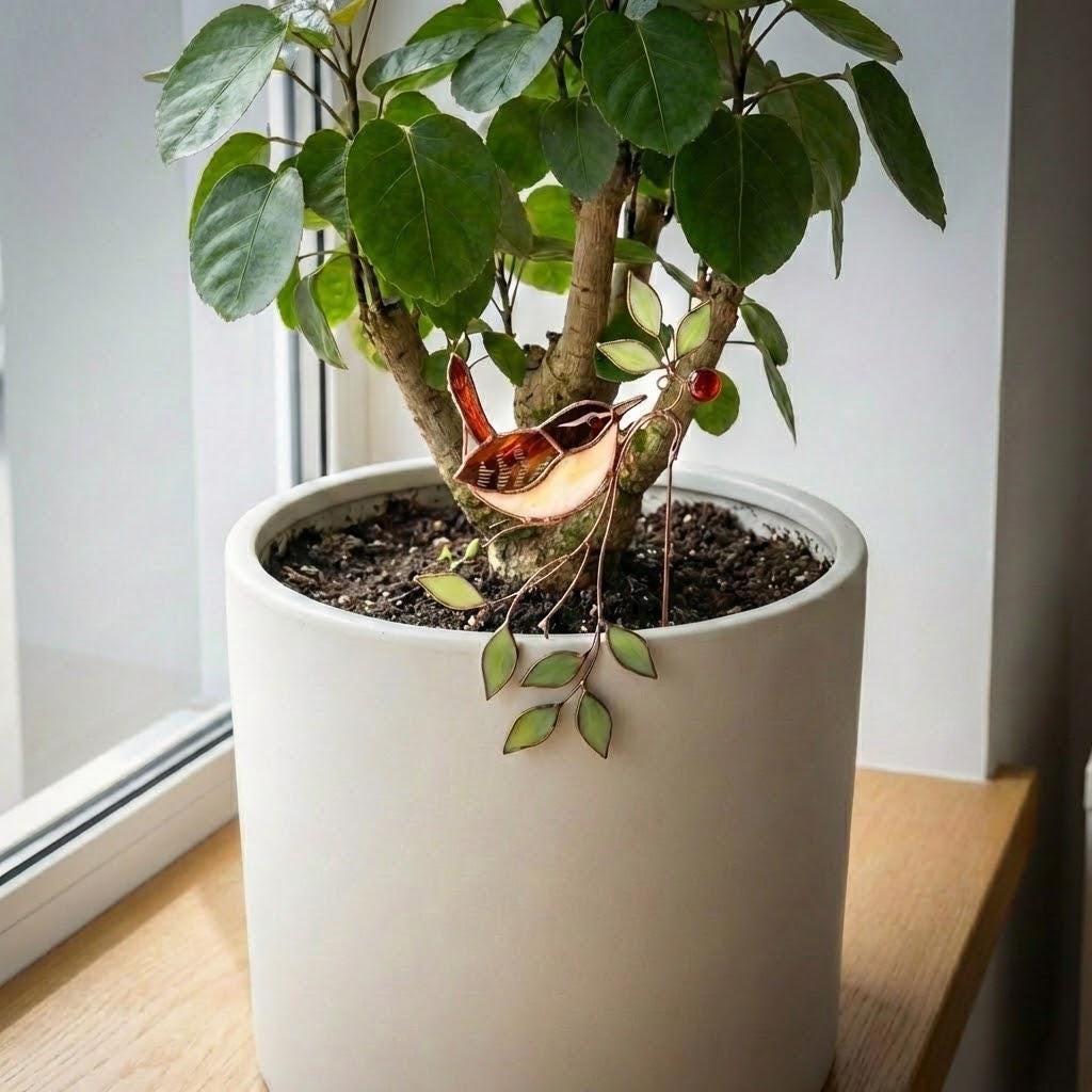 Handmade stained glass snail plant stake with amber shell and green leaves, cute cottagecore garden decor for indoor pots, gift for plant lover.