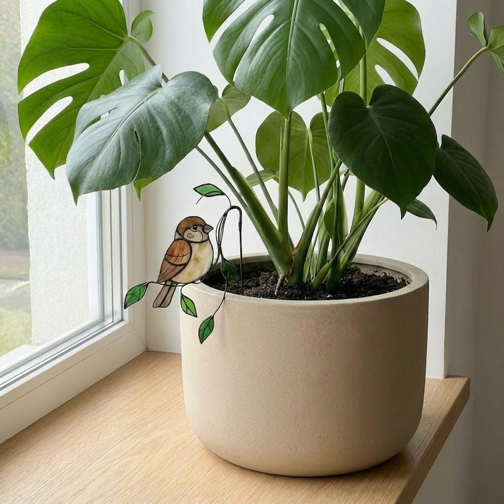 Handmade stained glass snail plant stake with amber shell and green leaves, cute cottagecore garden decor for indoor pots, gift for plant lover.