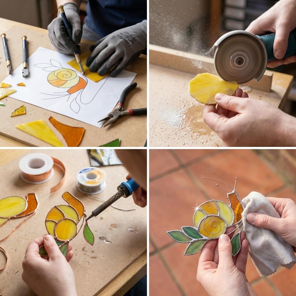 Handmade stained glass snail plant stake with amber shell and green leaves, cute cottagecore garden decor for indoor pots, gift for plant lover.