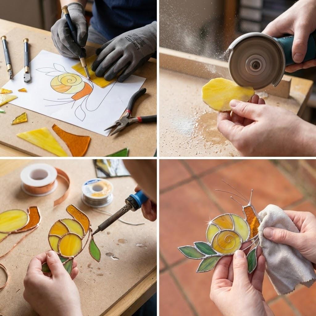 Handmade stained glass snail plant stake with amber shell and green leaves, cute cottagecore garden decor for indoor pots, gift for plant lover.