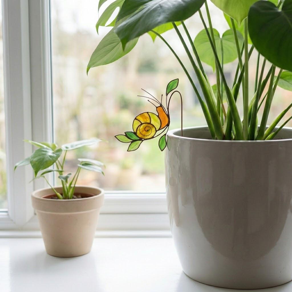 Handmade stained glass snail plant stake with amber shell and green leaves, cute cottagecore garden decor for indoor pots, gift for plant lover.